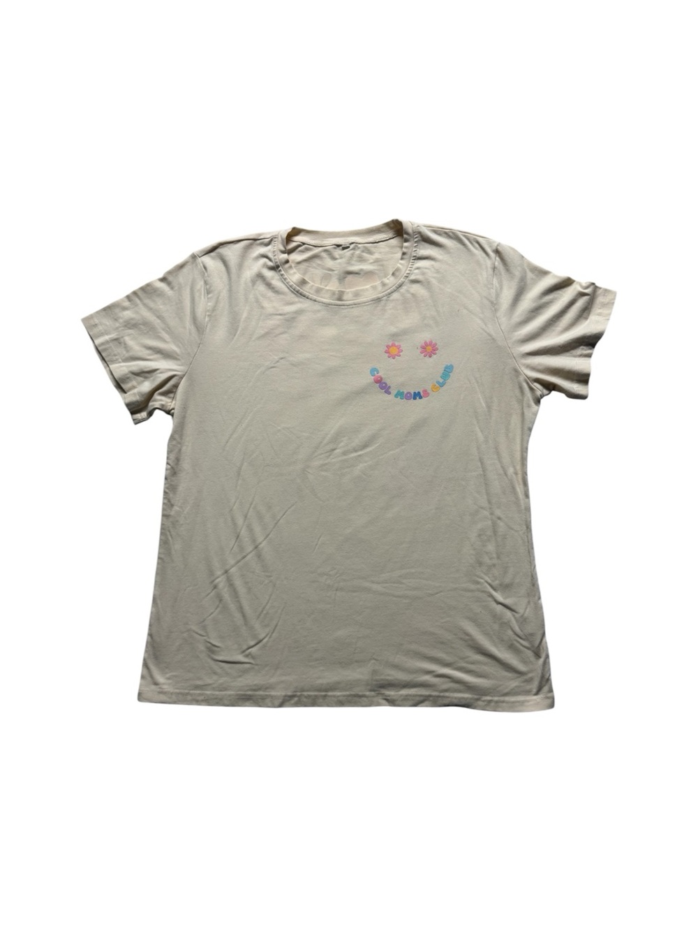 Women’s XL Cool Moms Club Graphic T-Shirt Beige Floral Smiley Casual Tee